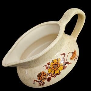 Vintage Speckled Creamer Gravy Boat Floral Brown Yellow Ceramic